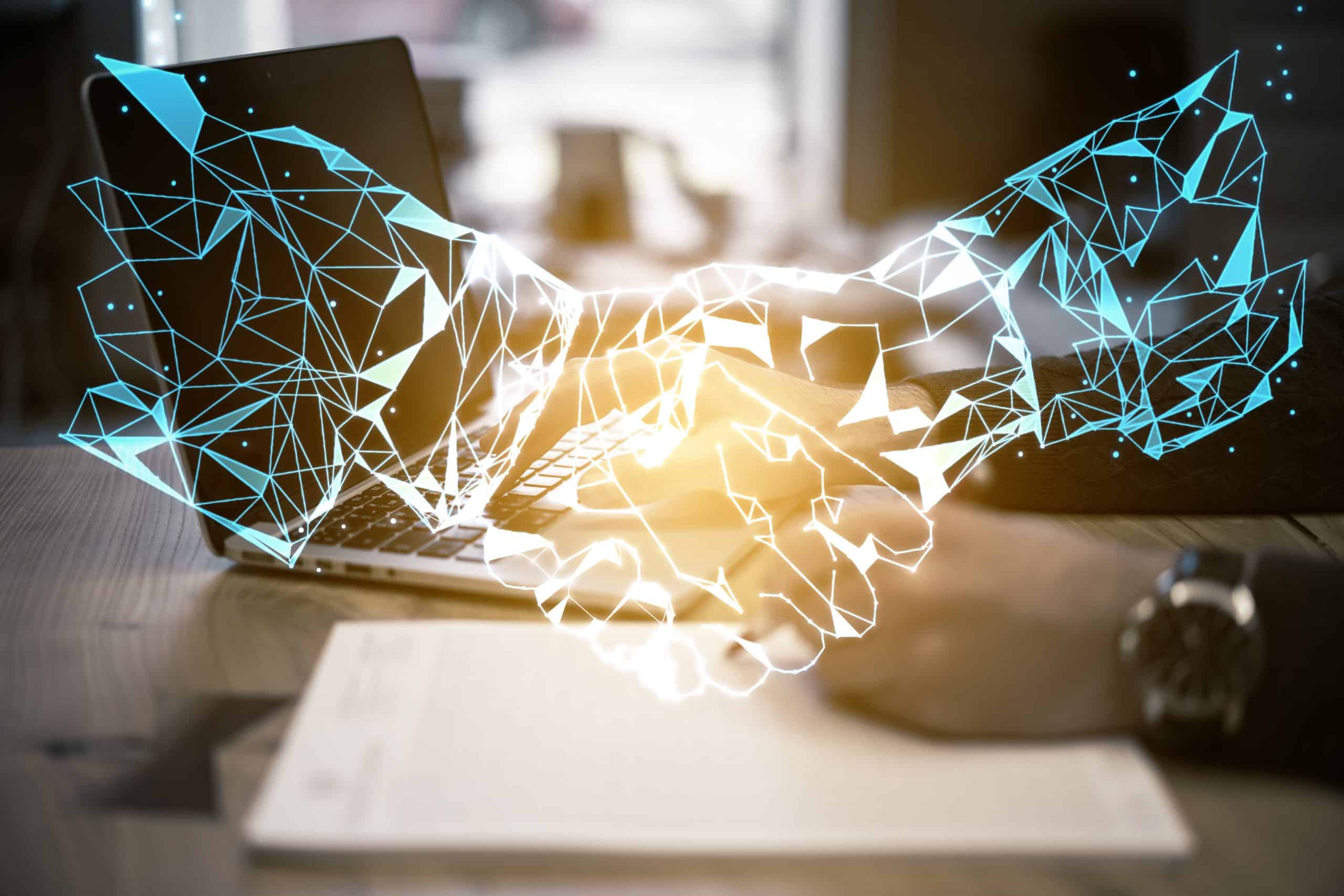 Digital handshake representing affiliate program partnership and collaboration.