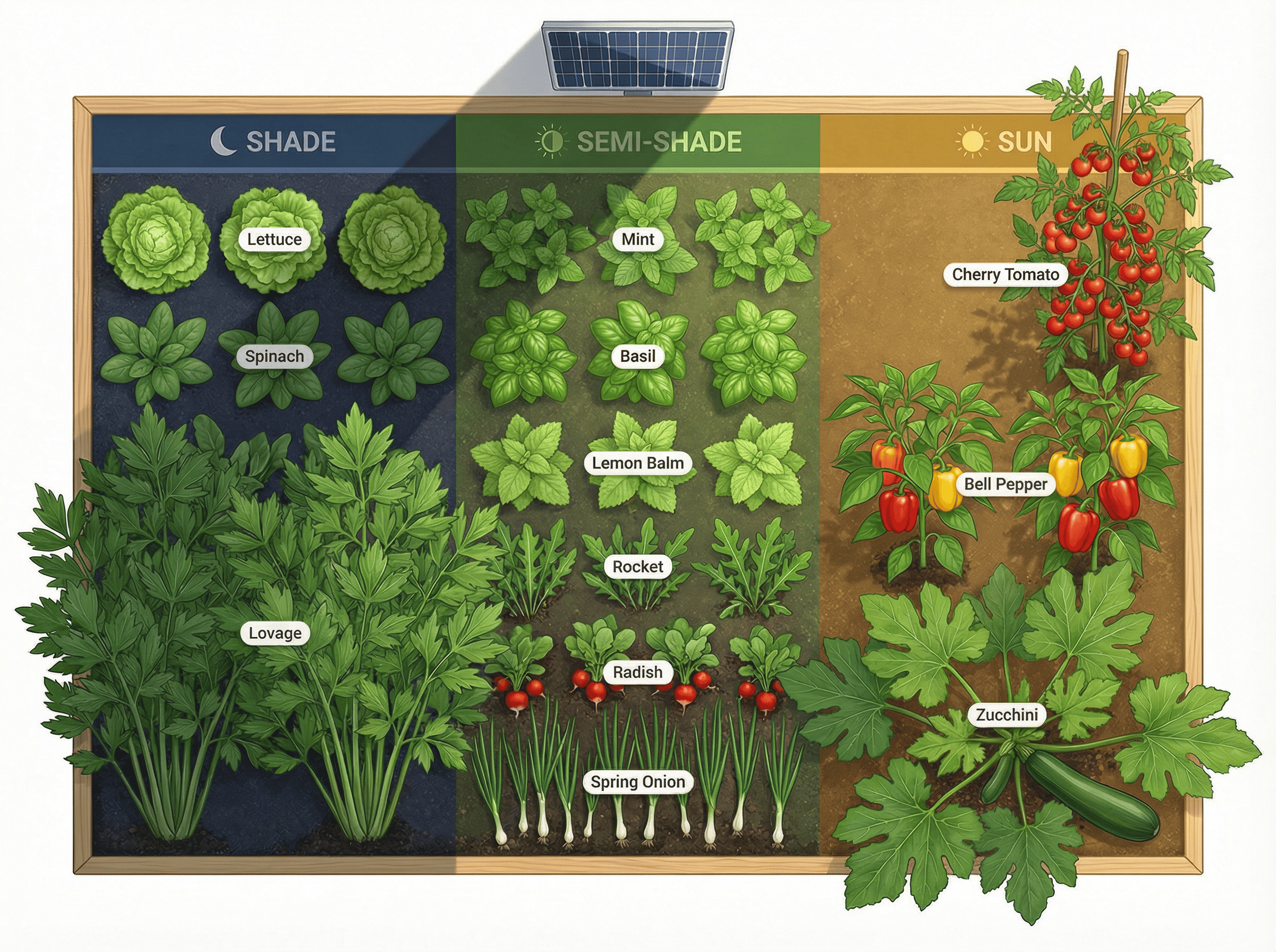 Ein übersichtlicher Gartenplan, der Blattgemüse, Kräuter und Gemüse in Sonne, Halbschatten und Schatten zeigt.