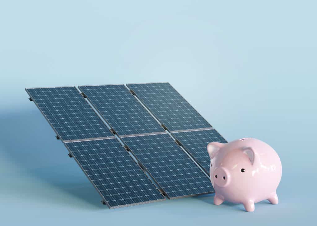 Solar panel array with piggy bank symbolizing solar investment savings.