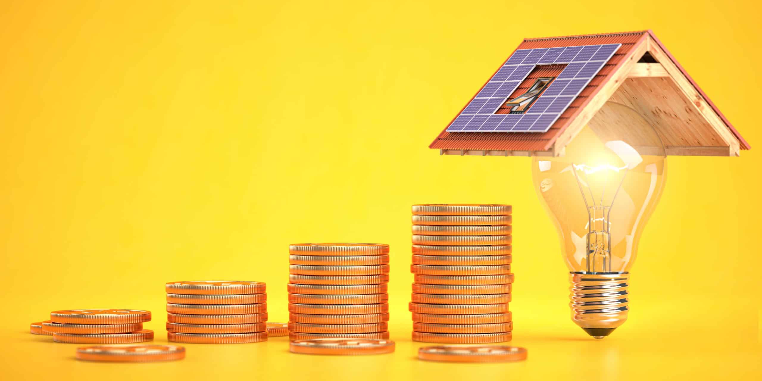 Two types of solar investments with stacked coins and a solar-powered house model.