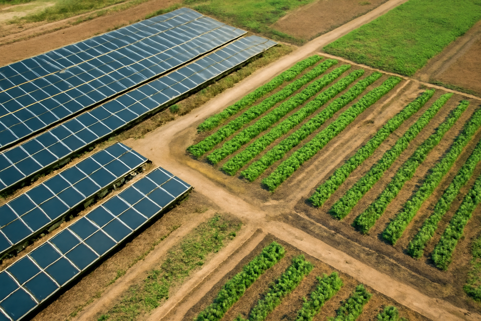 Zonnepanelen en een biologische groenteboerderij in een landelijke omgeving.