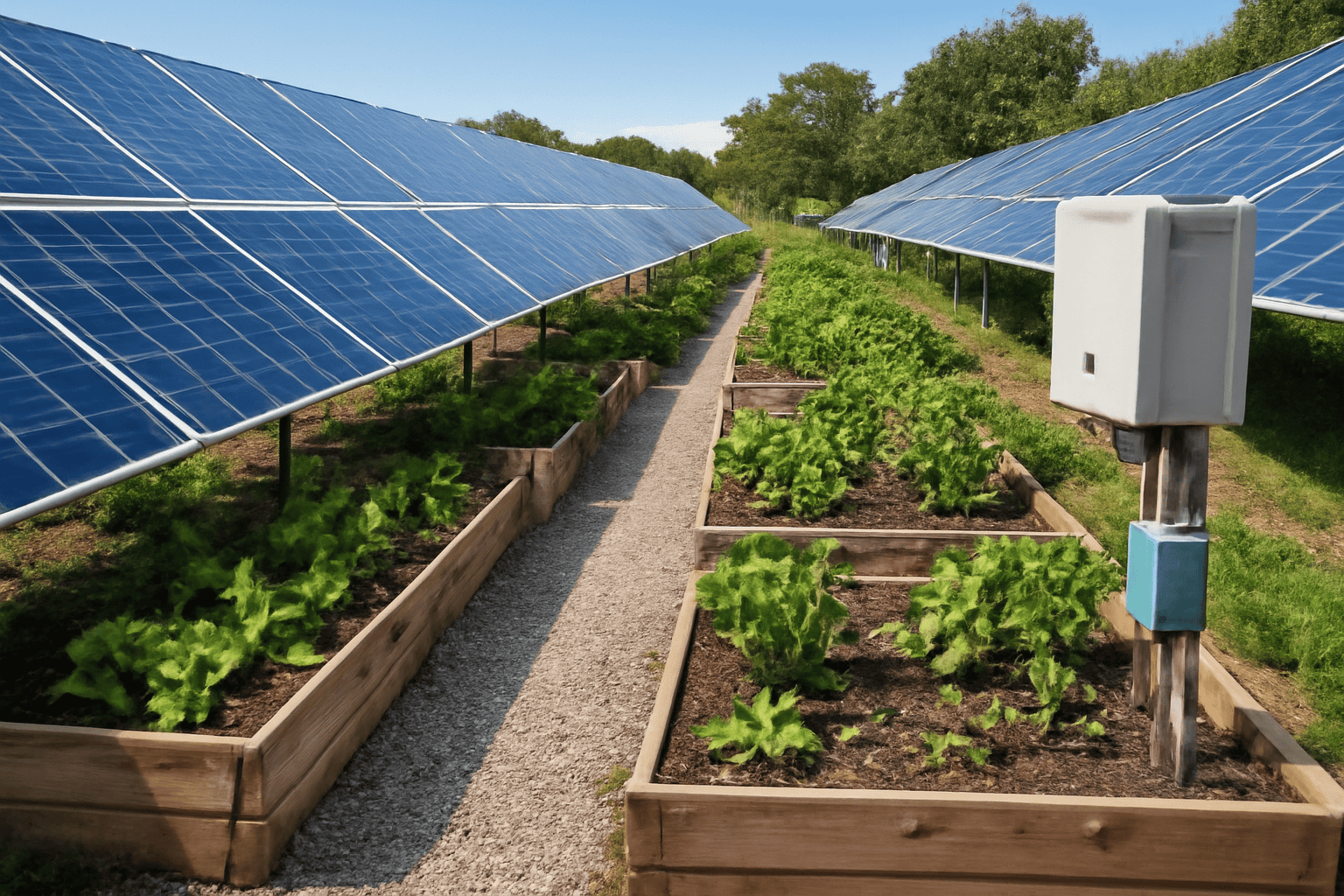 Solar panels and vegetable garden with automated irrigation system.