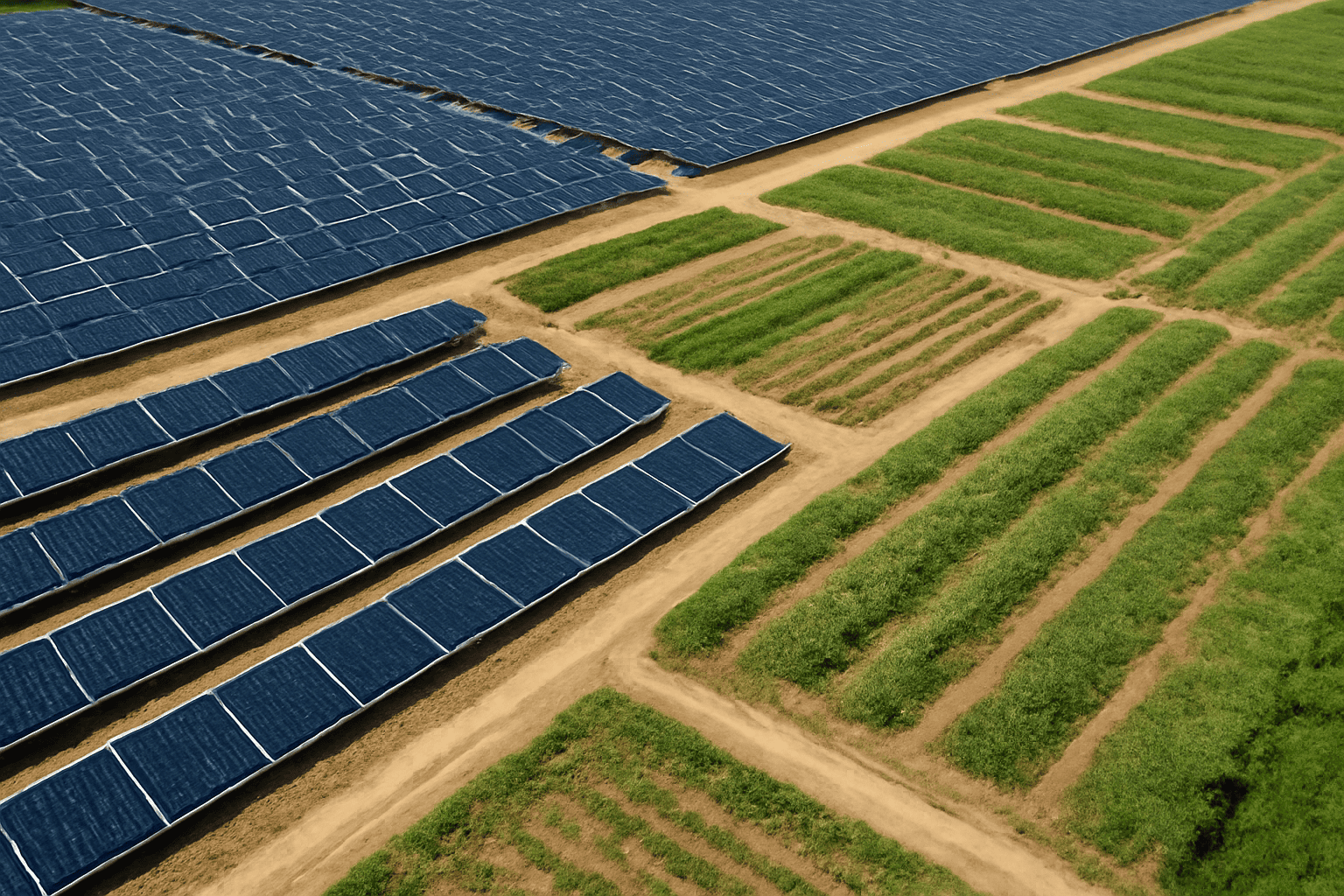 Panele słoneczne zainstalowane wzdłuż zielonych pól uprawnych stanowią źródło zrównoważonej energii.