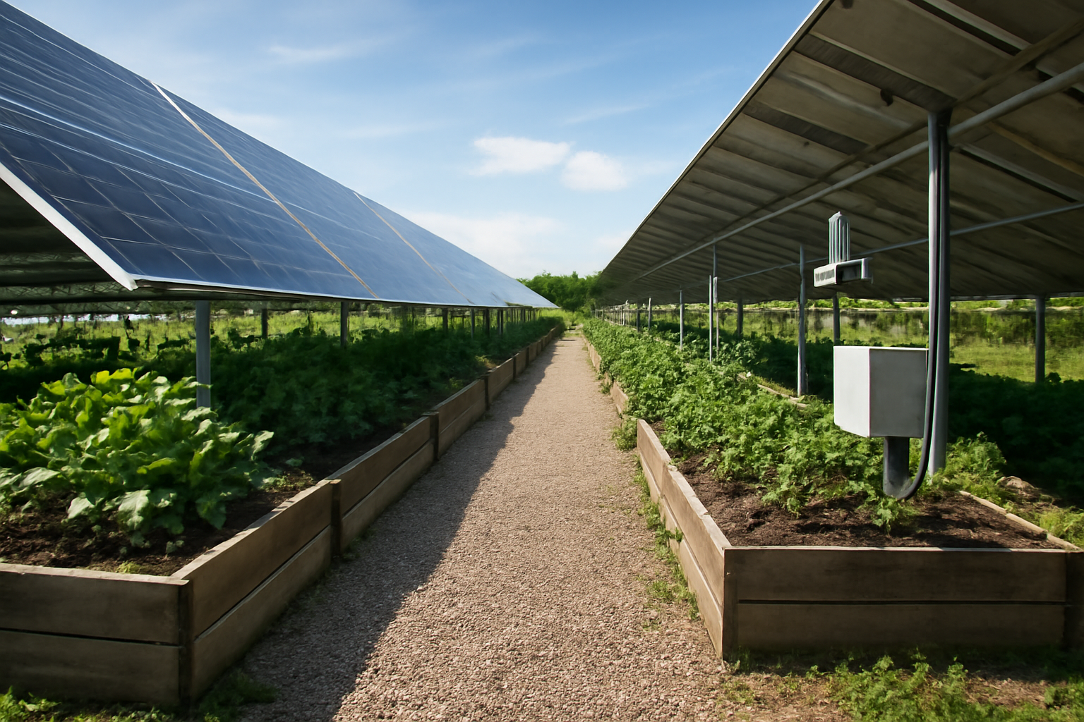 Solarpaneele und Gewächshausgarten im Solar Plus Garden.