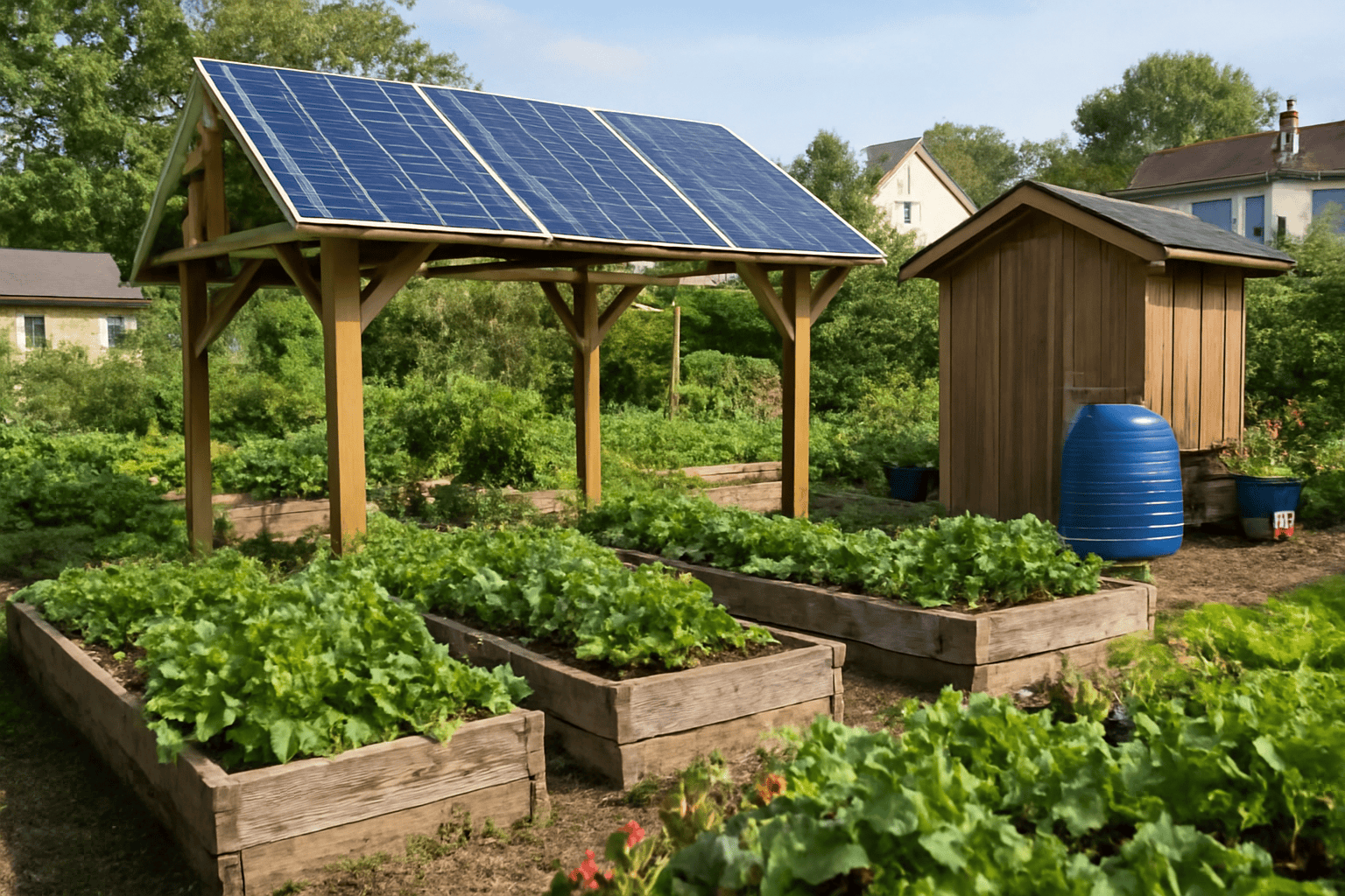 Solar panel array over vegetable garden for sustainable energy.