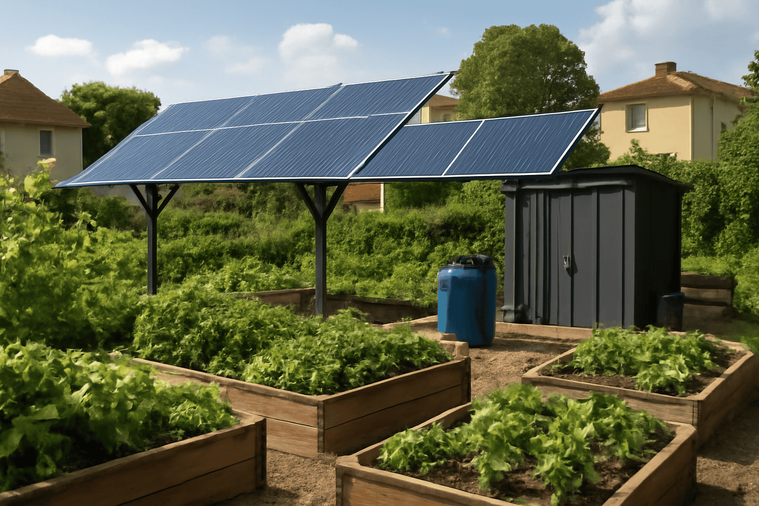 Solpaneler installerade över trädgårdsbäddar för förnybar energi och effektiv trädgårdsskötsel.