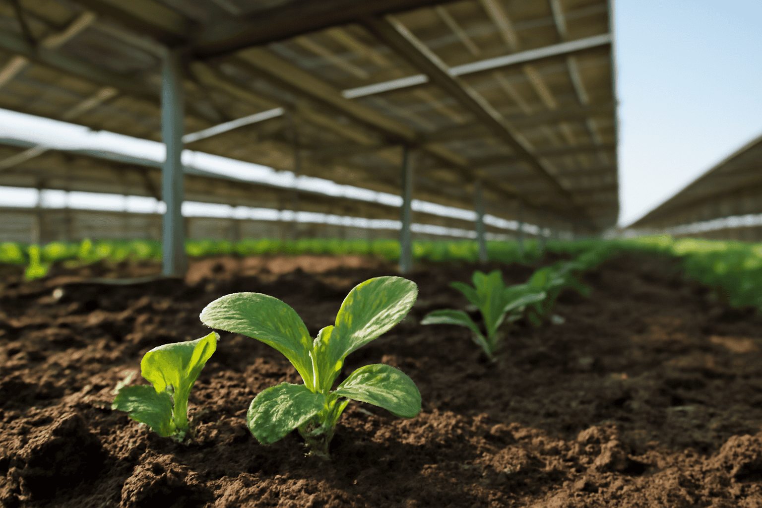 Plantas jóvenes de hortalizas creciendo bajo una estructura de invernadero alimentada por energía solar.