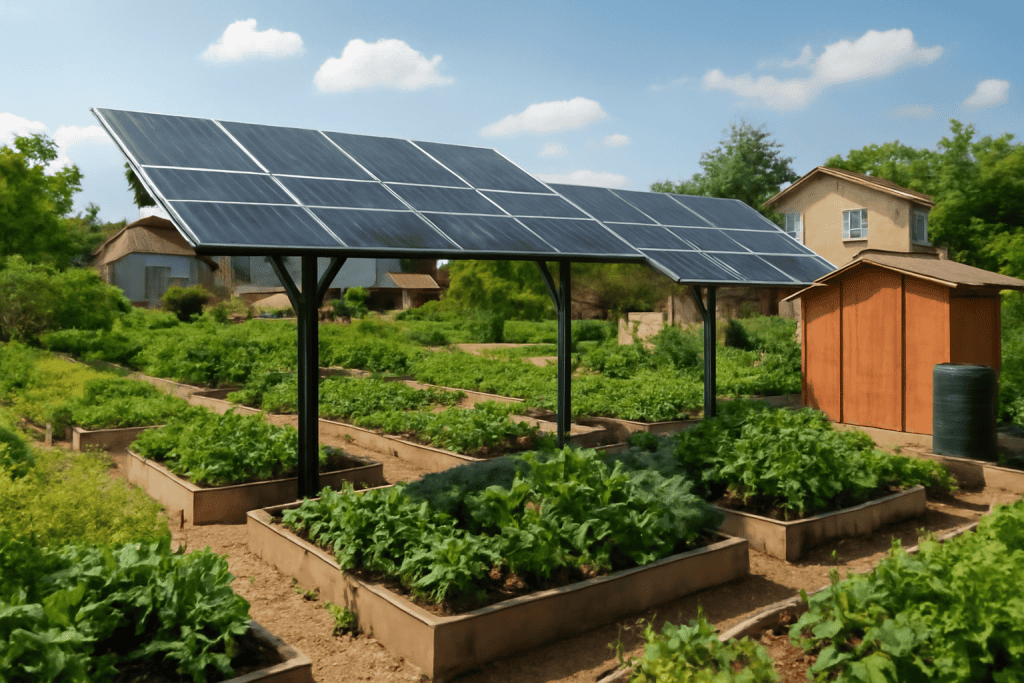Installation de panneaux solaires au-dessus du potager pour une énergie durable.