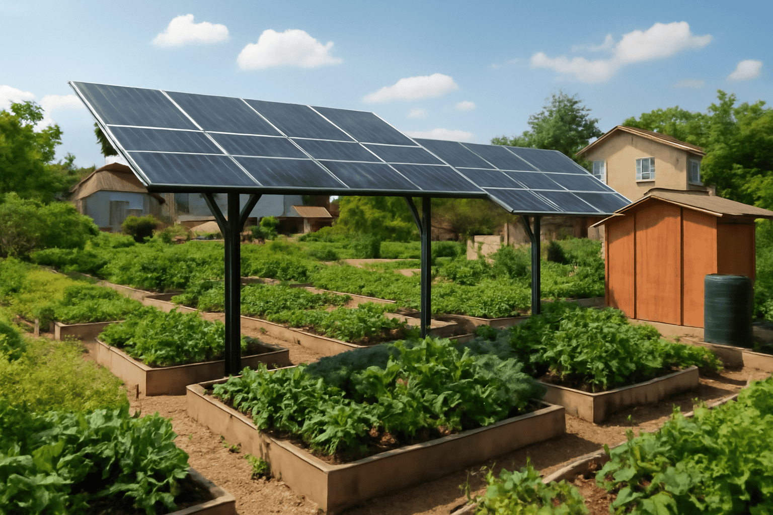 Impianto di pannelli solari sopra l'orto per una produzione di energia sostenibile.