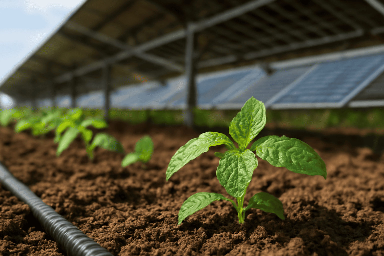 Una giovane piantina cresce nel terreno sotto i pannelli solari presso il Solar Plus Garden.