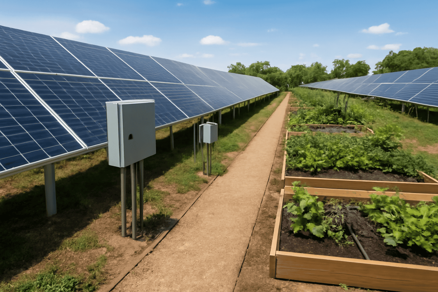Paneles solares y huerto en un entorno agrícola sostenible.