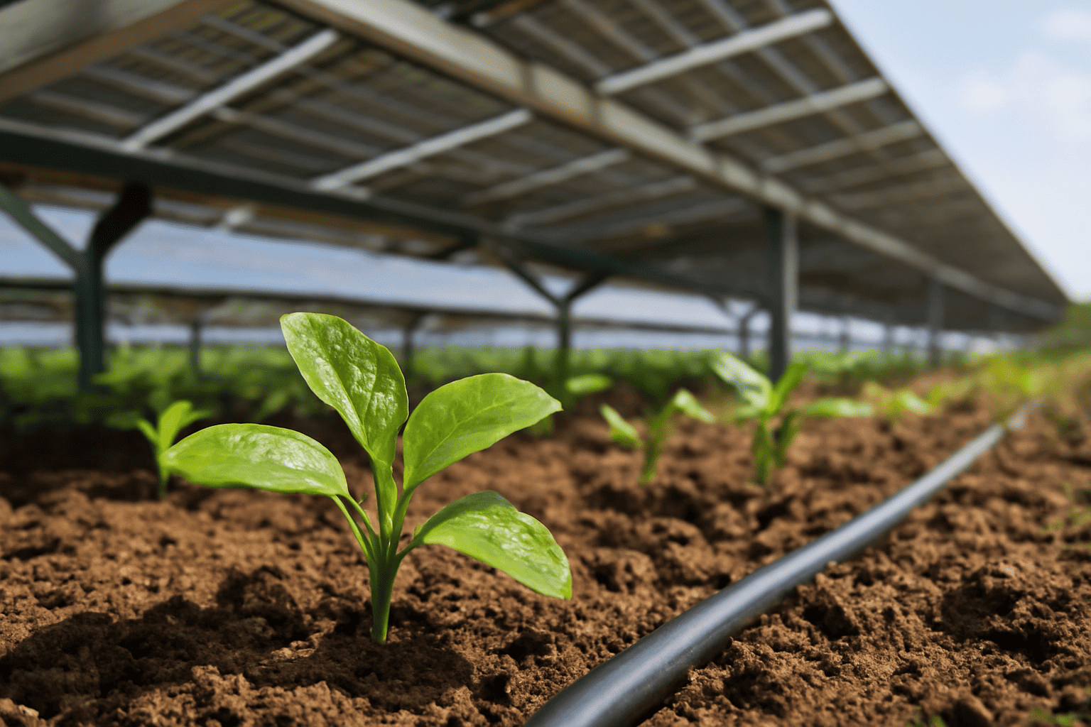 Young plant growing under solar panel in sustainable farm.