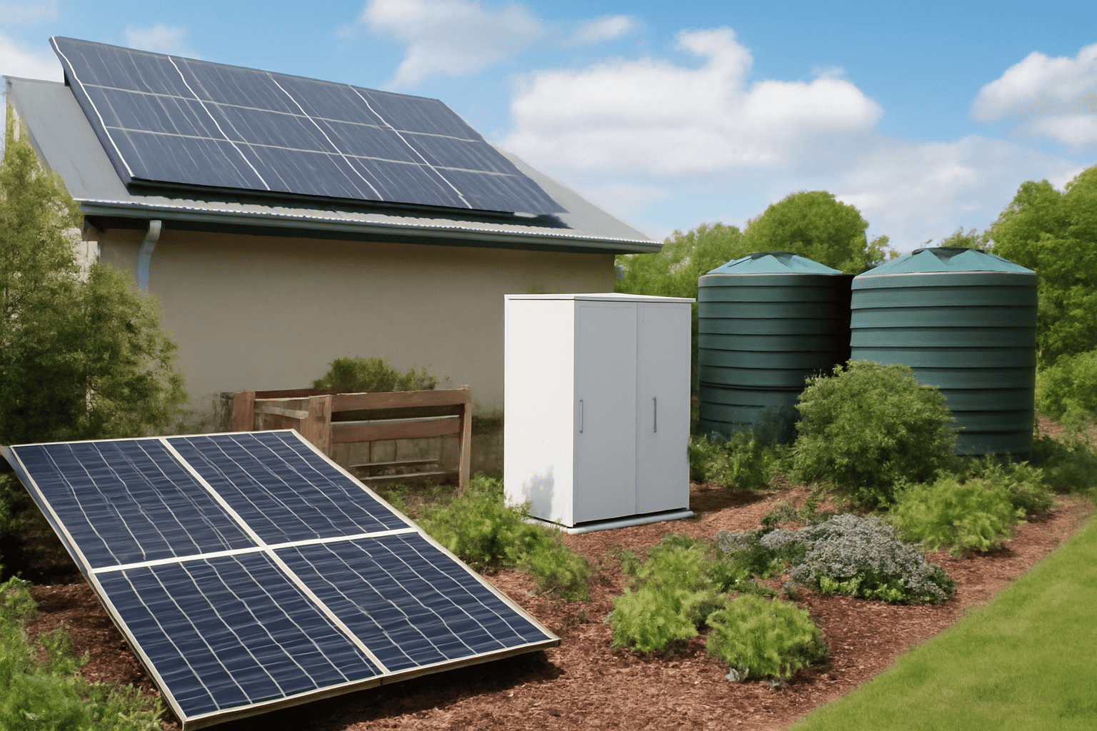 Paneles solares y depósitos de agua en un jardín para obtener energía renovable y ahorrar agua.