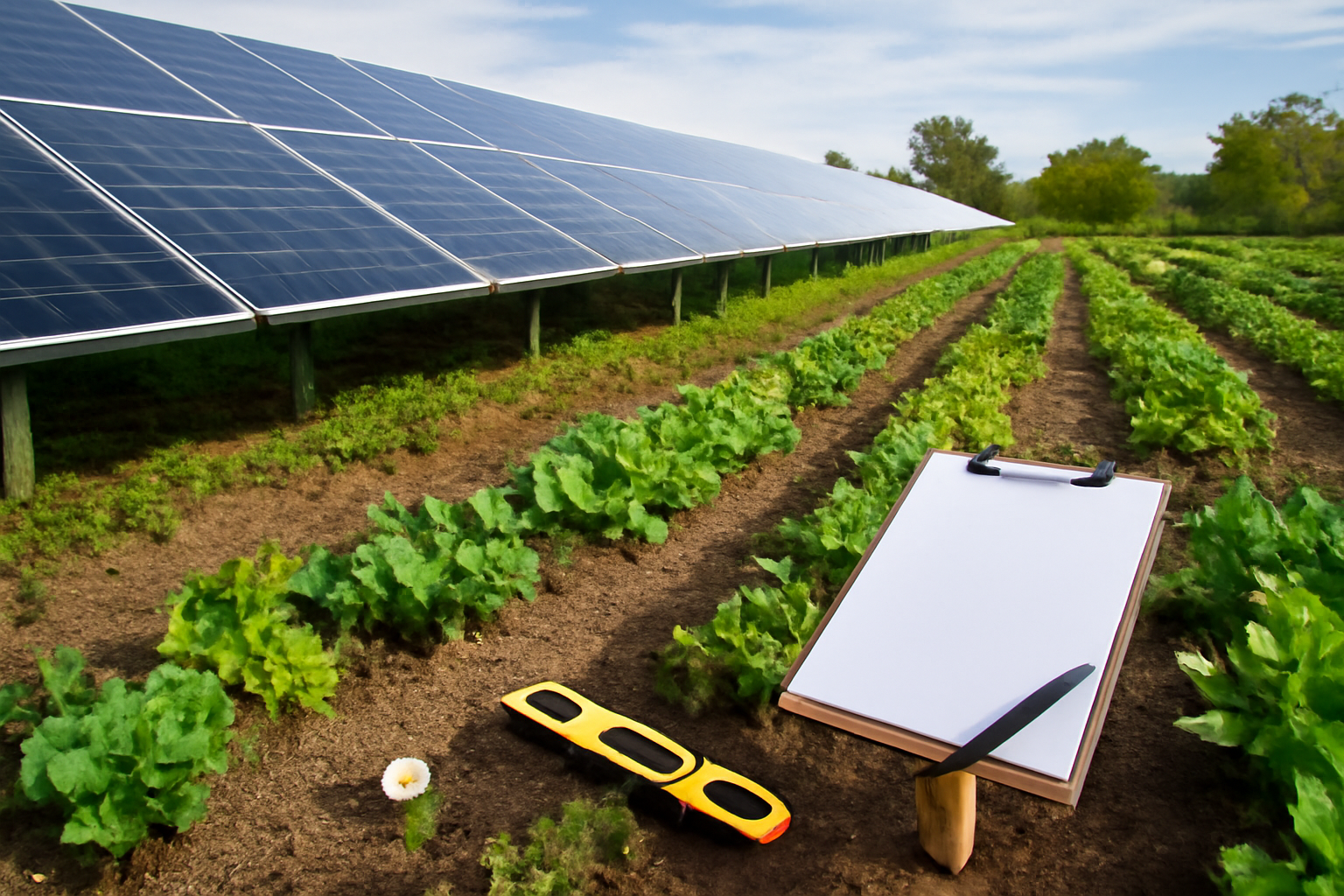 Solar panels installed over crop fields for sustainable energy and agriculture.