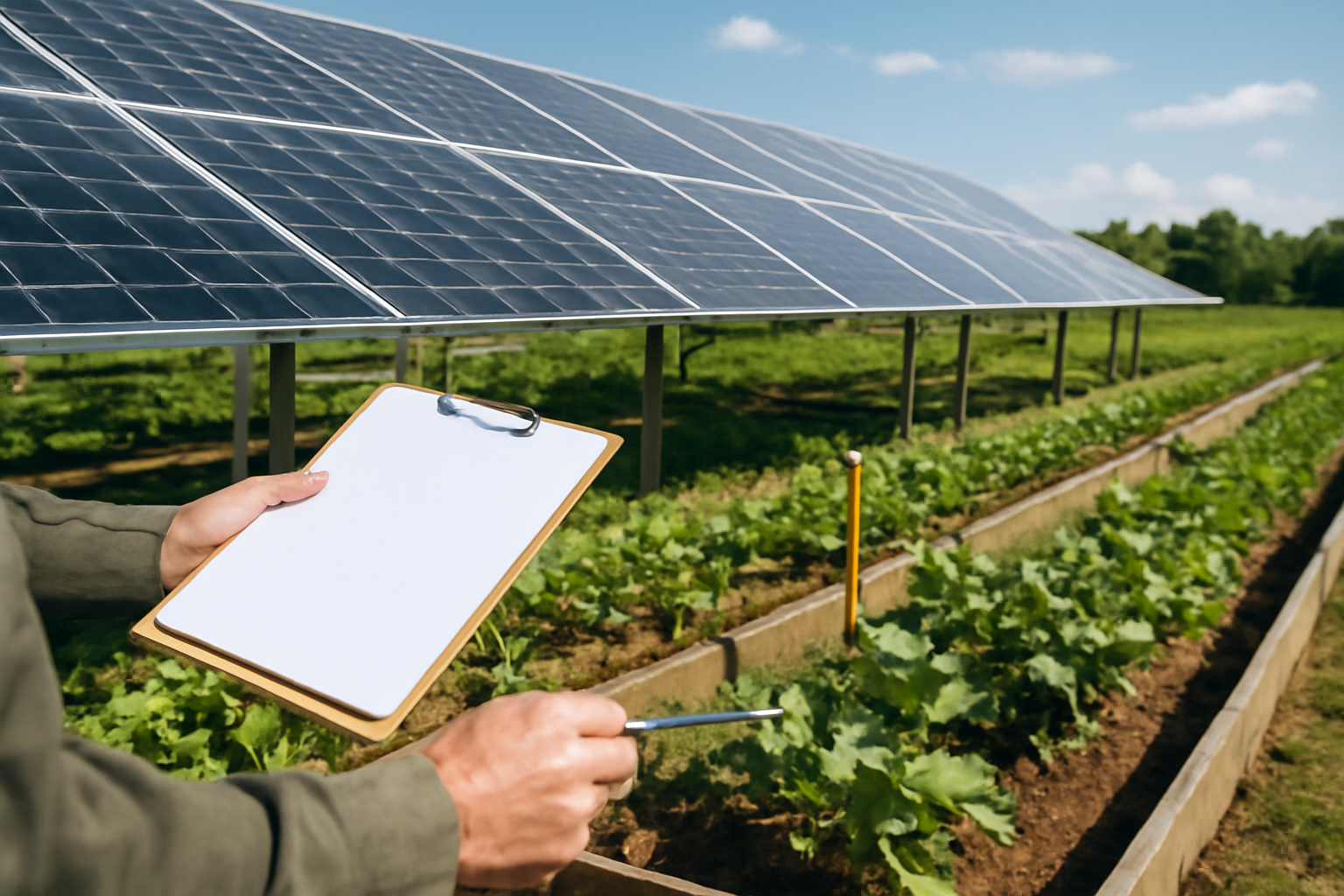 Eine Person überwacht die Solaranlage und den Garten mithilfe eines Klemmbretts und eines Stifts.