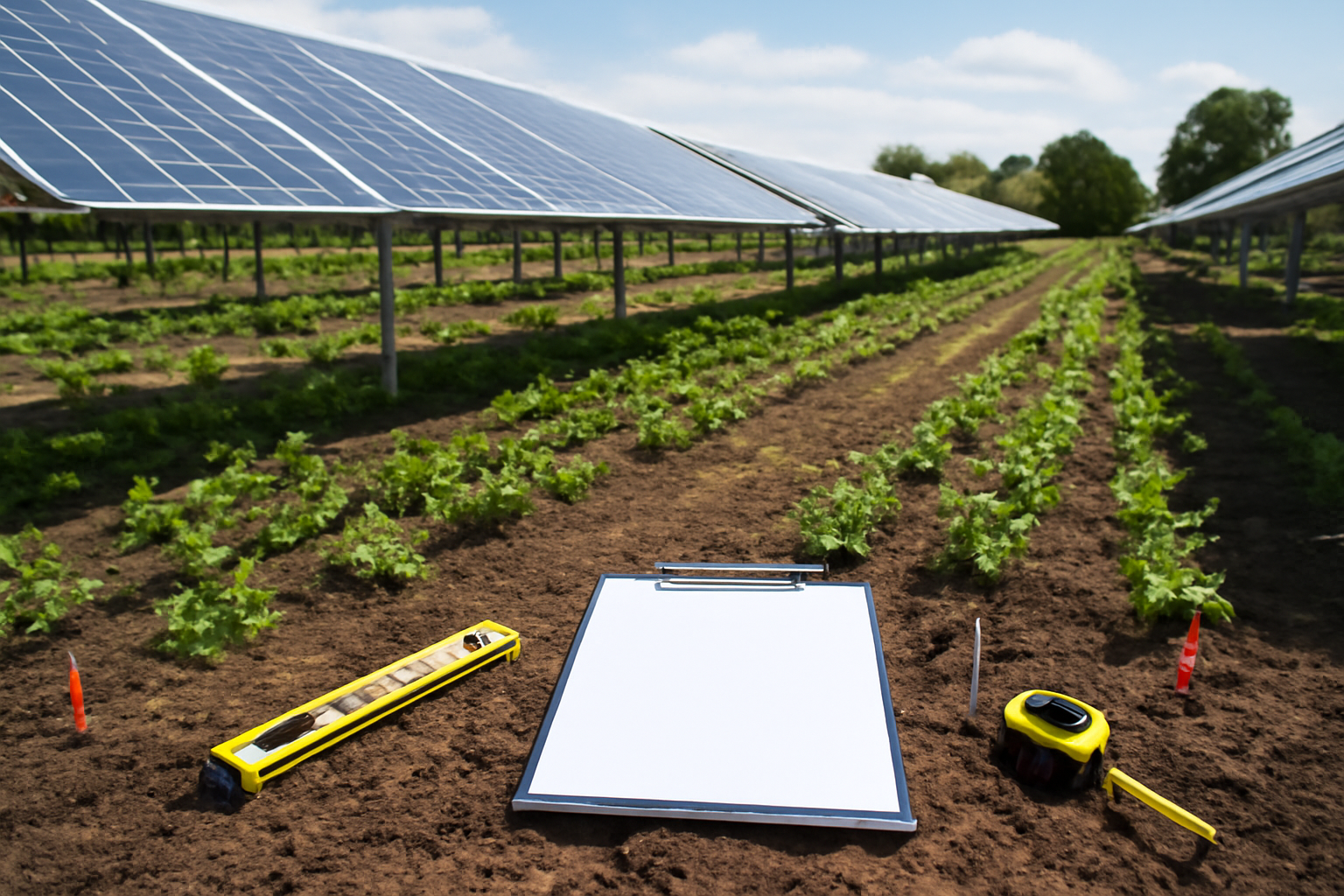 Ferme de panneaux solaires avec outils de surveillance et rangées de cultures sous un ciel bleu.