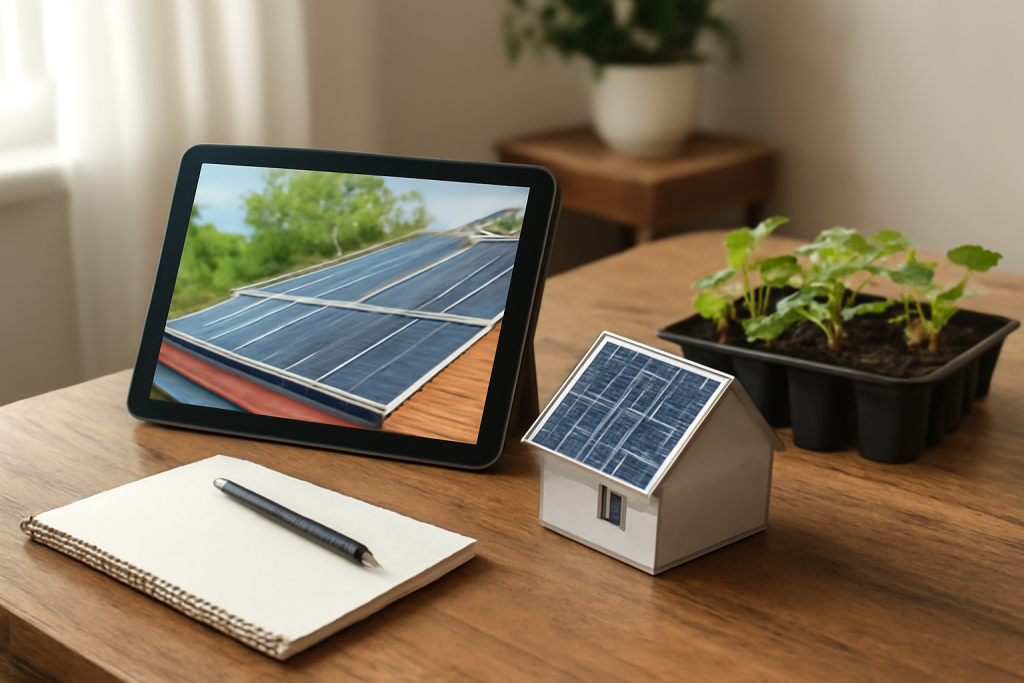 Panele słoneczne na tablecie i miniaturowy domek z rośliną, zapewniające ekologiczną energię.