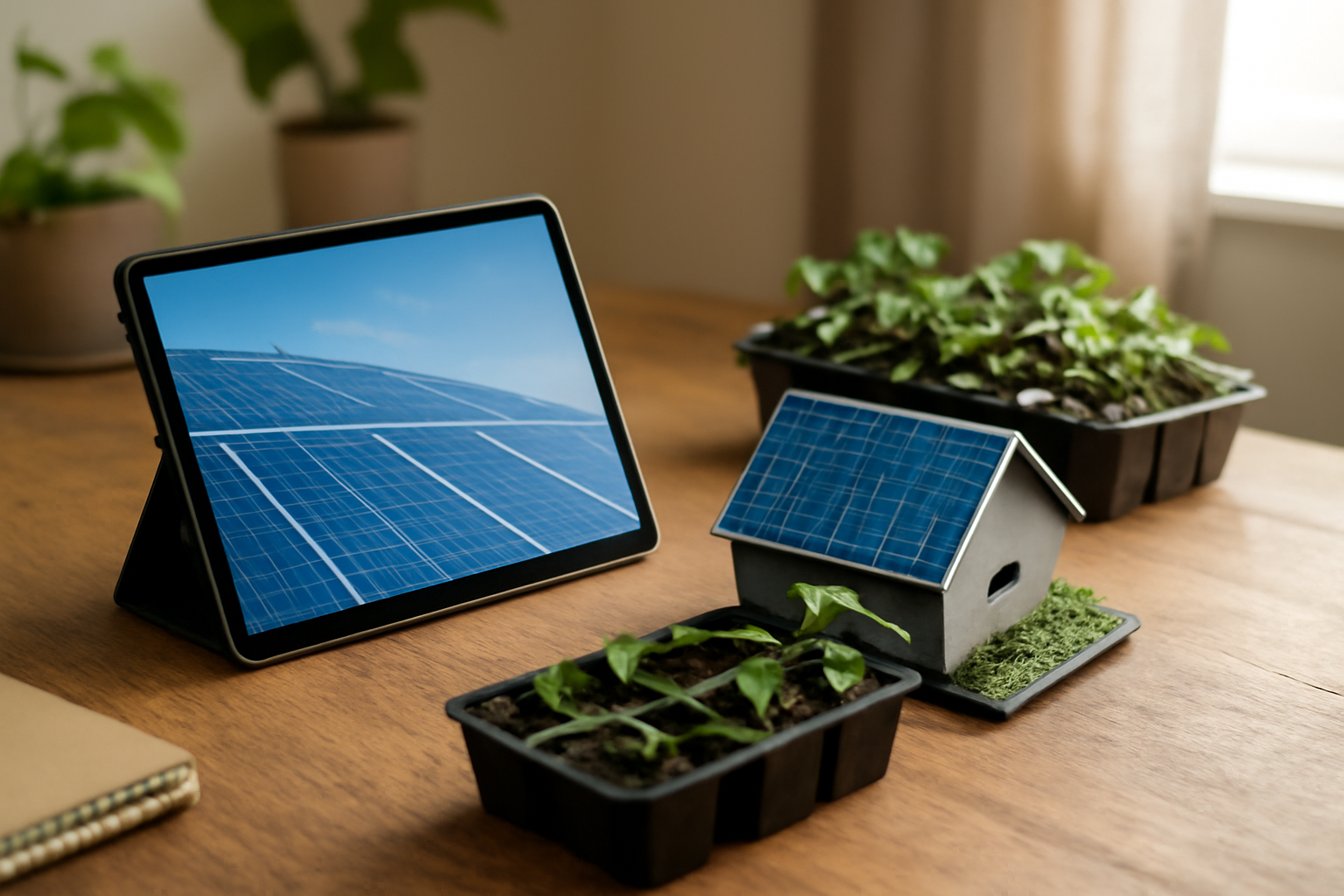 Solarpaneele auf einem Tablet und ein Miniaturhaus mit Pflanzen zur Erzeugung nachhaltiger Energie.