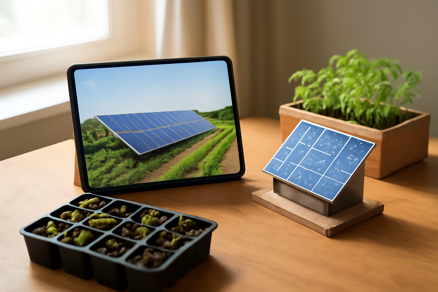 Smart solar panel system with tablet and plant pots in a garden setting.