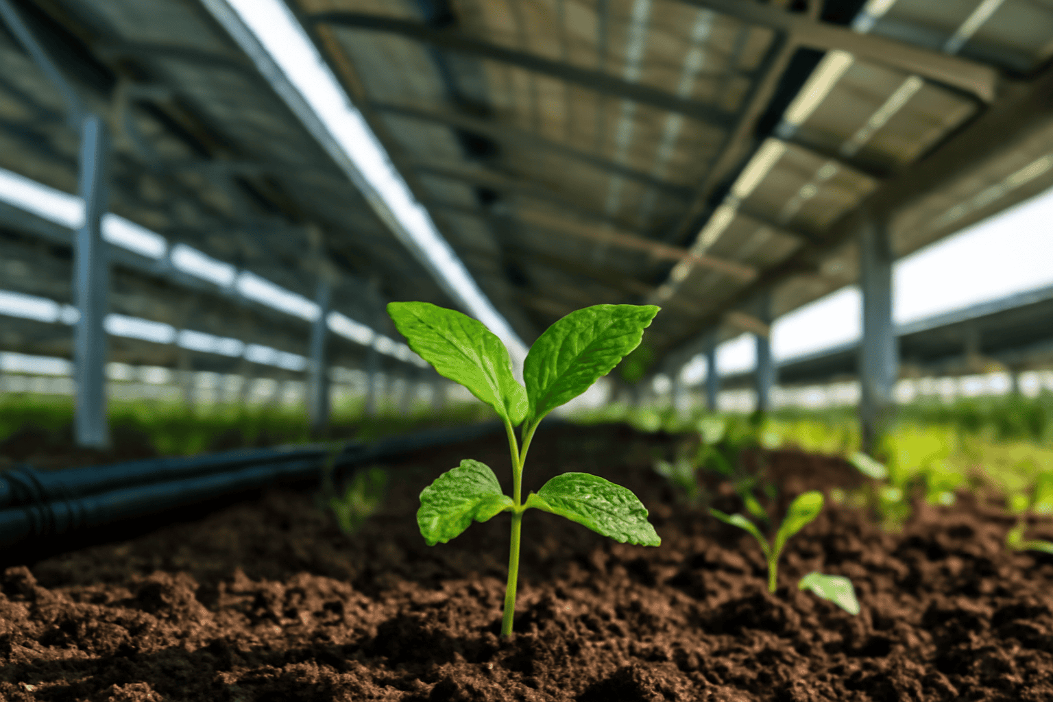 Planta joven creciendo en el invernadero de Solar Plus Garden.