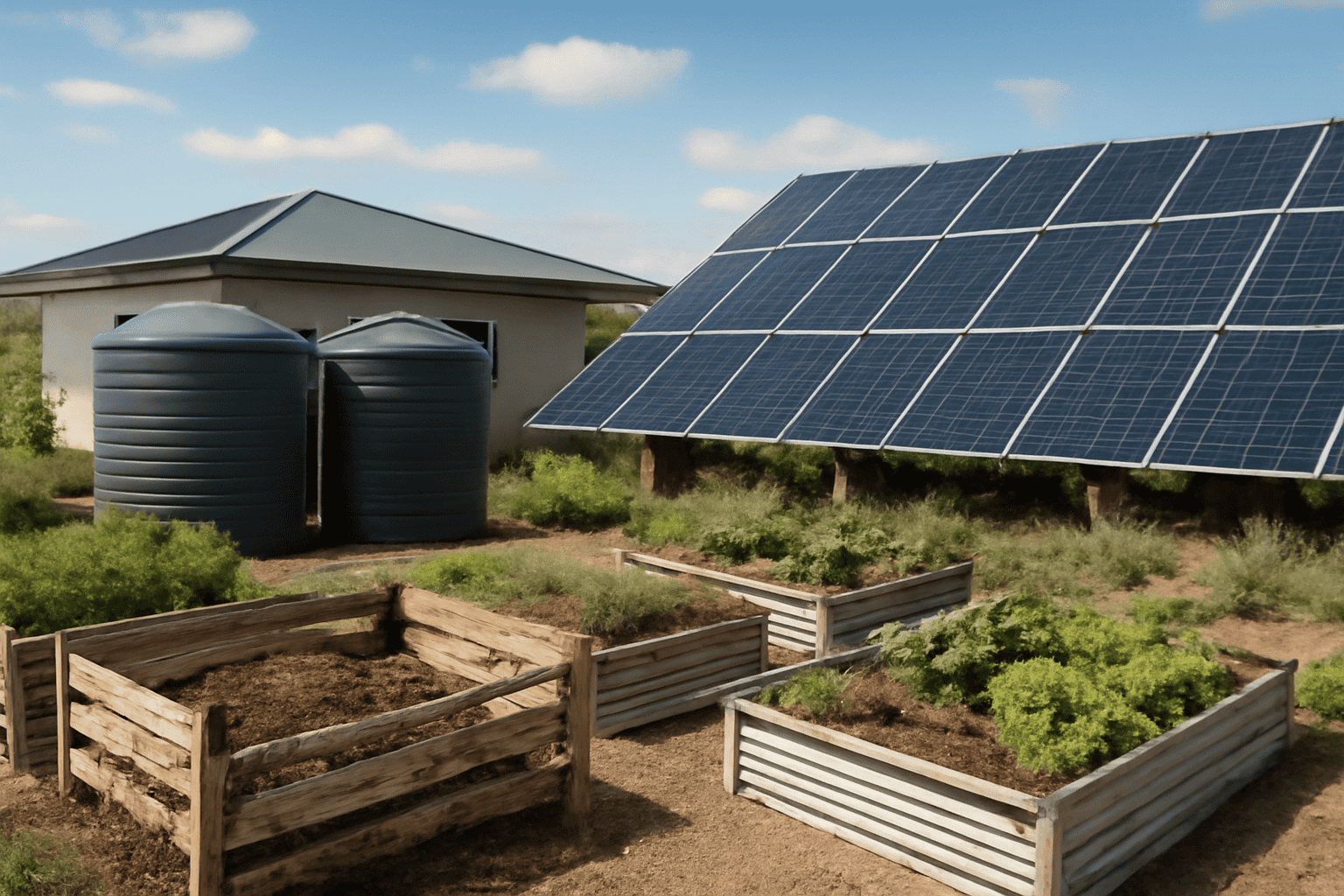 Pannelli solari e serbatoi d'acqua presso Solar Plus Garden per una gestione sostenibile dell'energia e dell'acqua.
