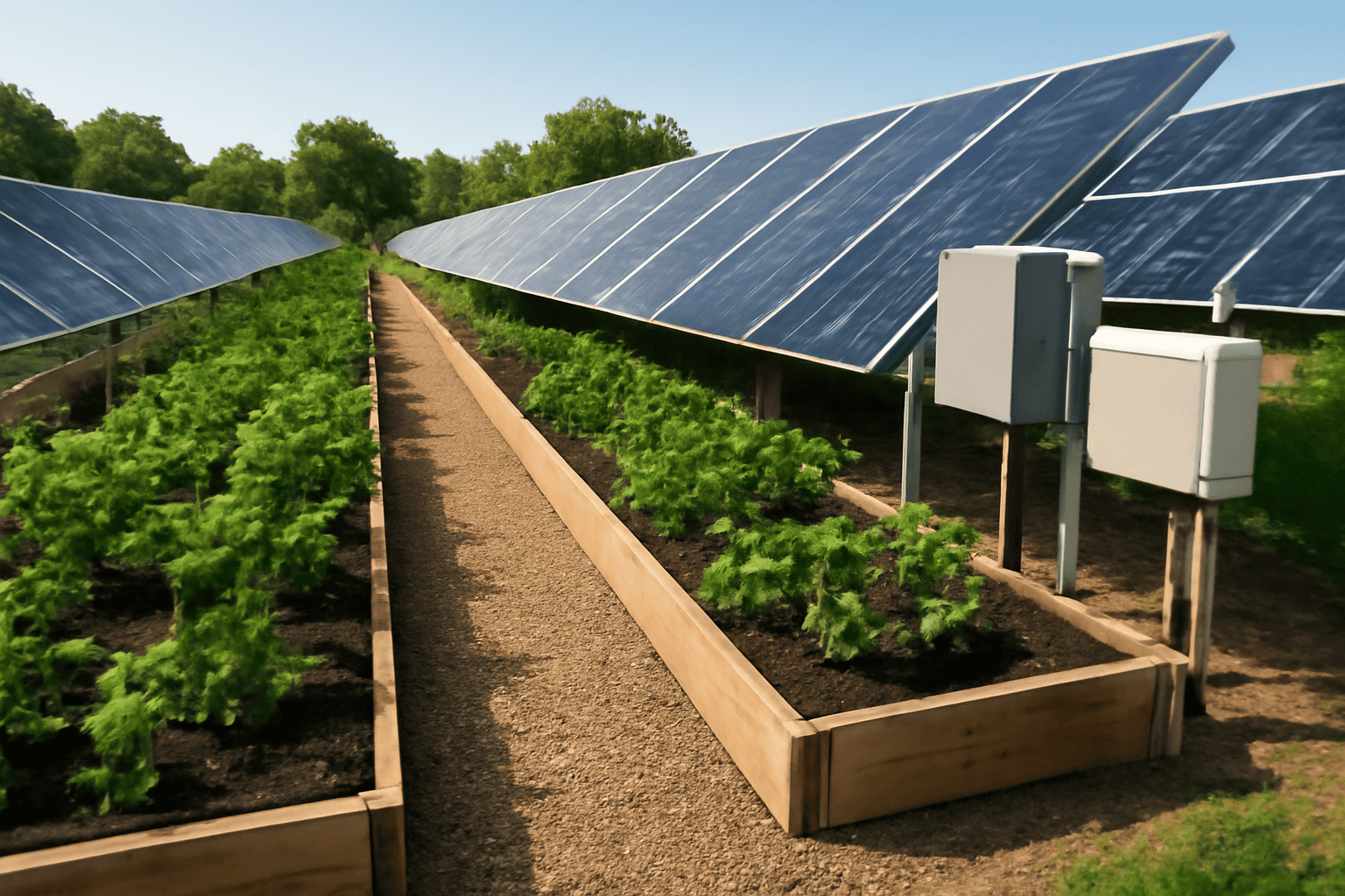 Zonnepanelen in een tuin met weelderige groene planten en een heldere blauwe hemel.