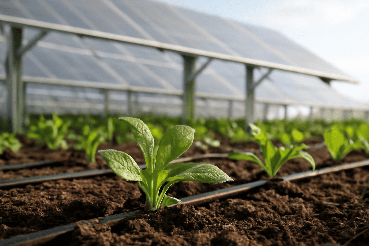 Young lettuce plants growing in a solar-powered greenhouse garden.