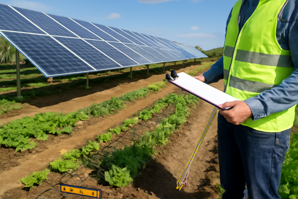 Rolnik dokonujący inspekcji paneli słonecznych i rzędów upraw w Solar Plus Garden.