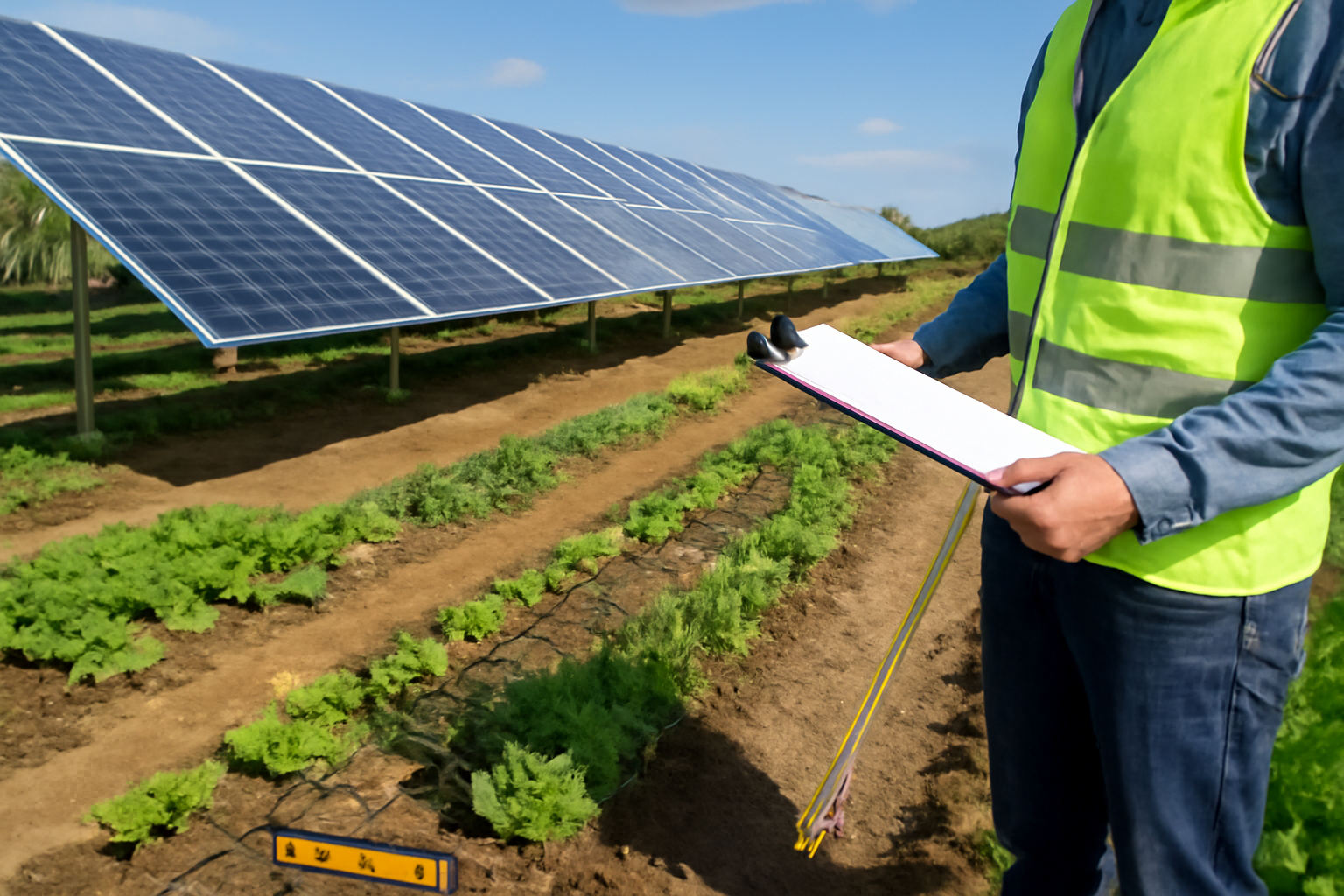 Un agricultor inspecciona los paneles solares y las hileras de cultivos en Solar Plus Garden.