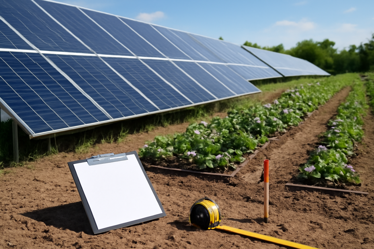 Des panneaux solaires ont été installés dans un jardin où se trouvent des plantes et des outils de jardinage.