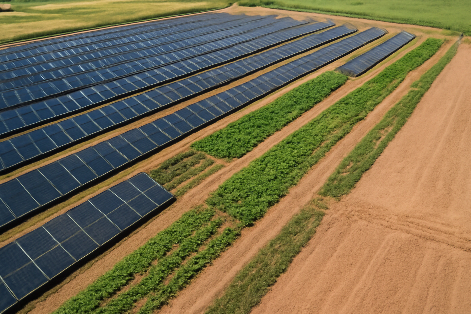 Large solar panel farm in a rural area for sustainable energy production.