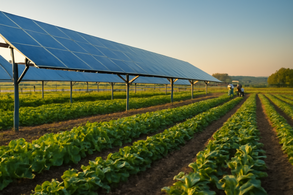 Solar panels over vegetable farm at Solar Plus Garden.