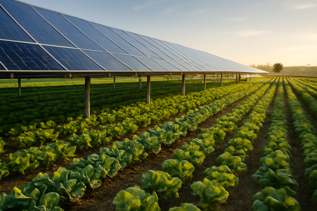 Solar panels over lettuce fields for sustainable farming and energy.