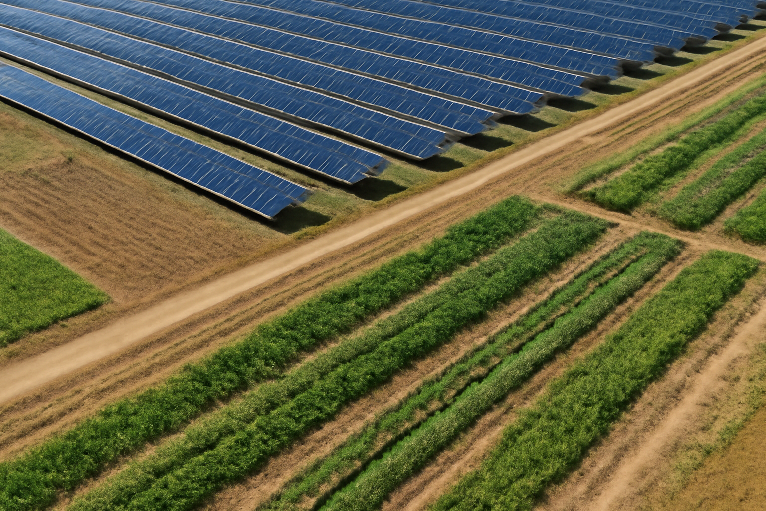 Ampio impianto di pannelli solari circondato da verdi campi agricoli.