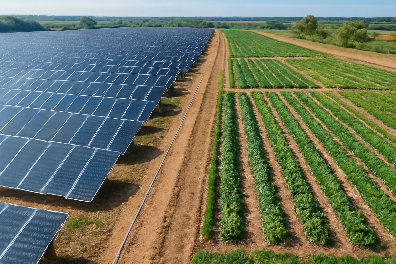 Zonnepanelen en akkers op de Solar Plus Garden-boerderij.