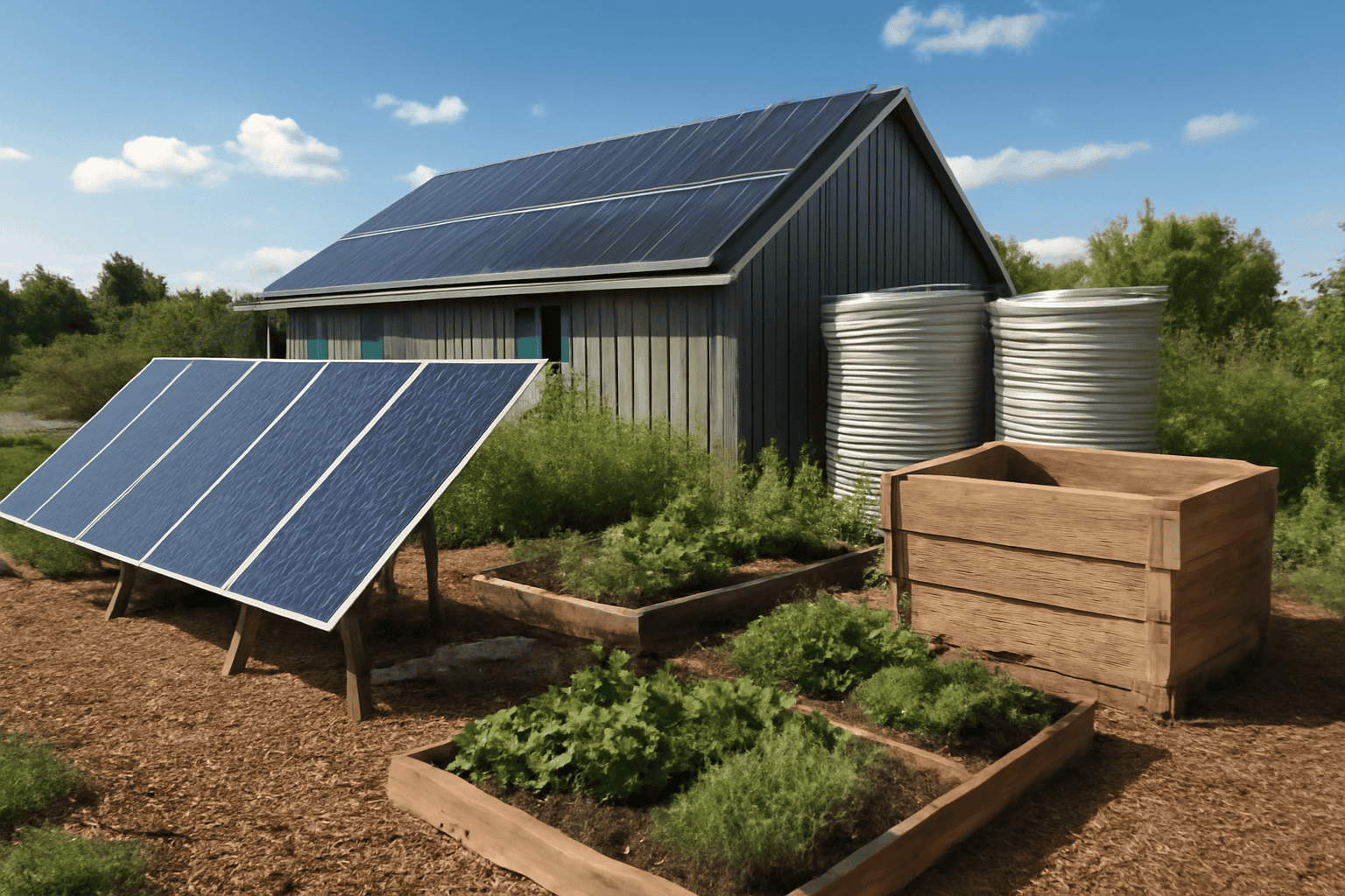 Pannelli solari e serbatoi d'acqua presso il Solar Plus Garden per l'energia sostenibile.