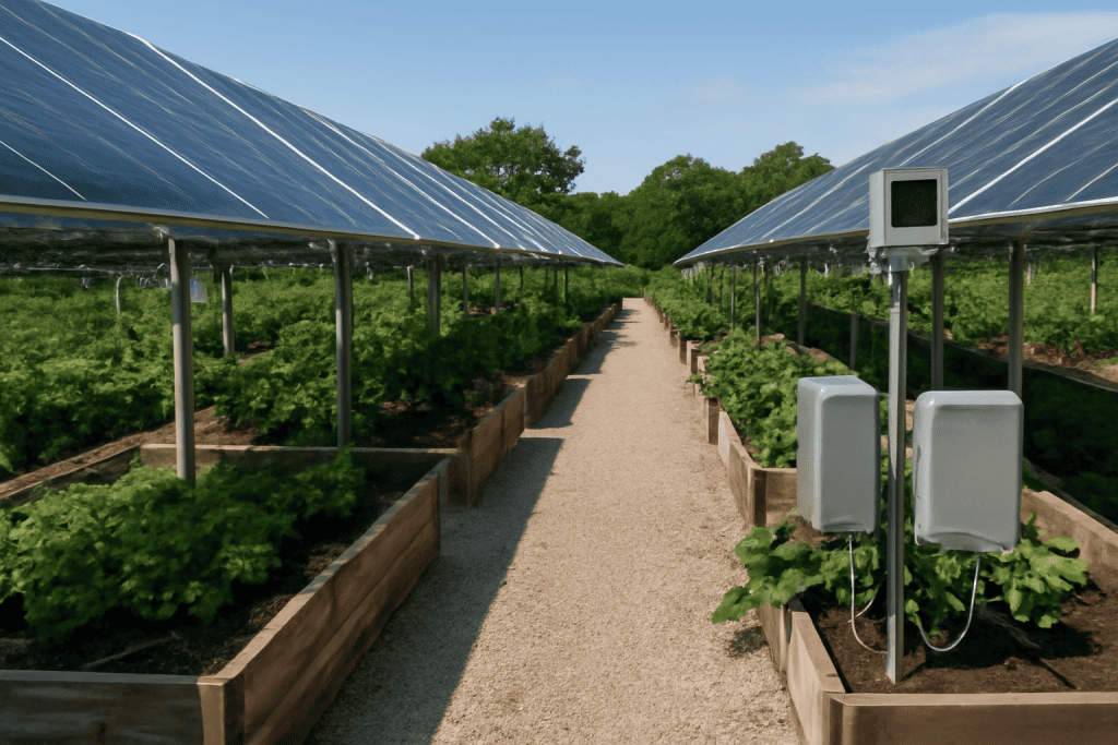 Solar Plus Garden greenhouse with solar panels and lush plants.