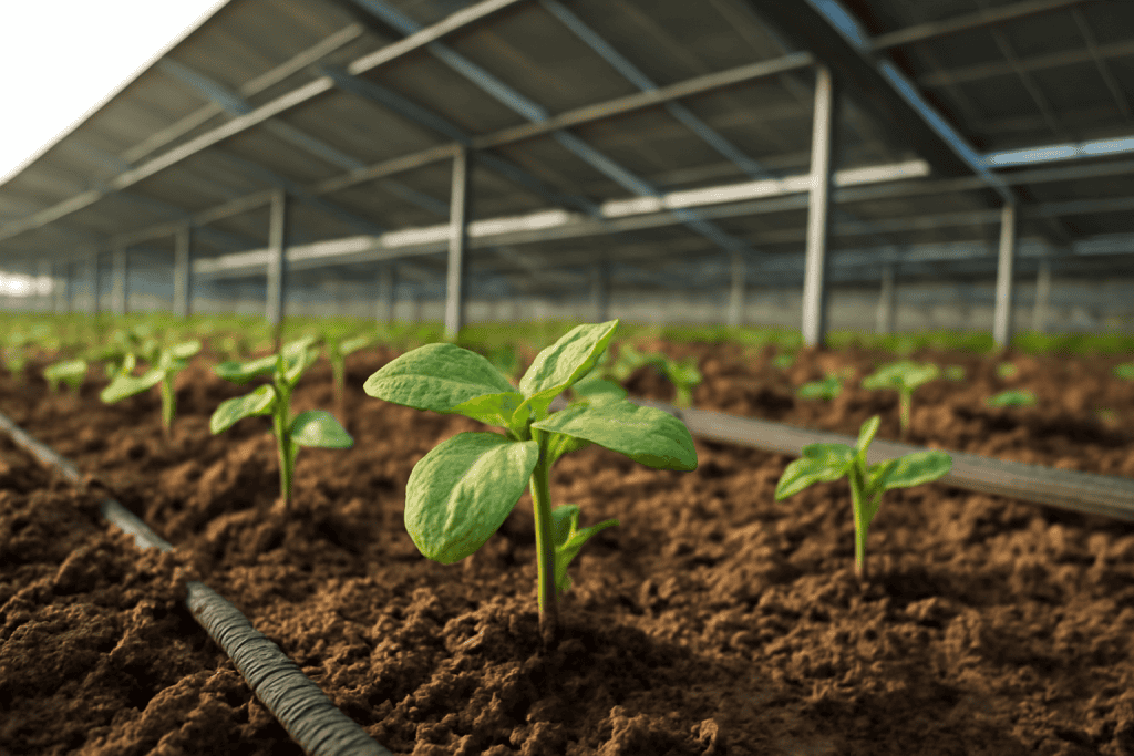 Young seedlings growing in a solar-powered greenhouse for sustainable farming.