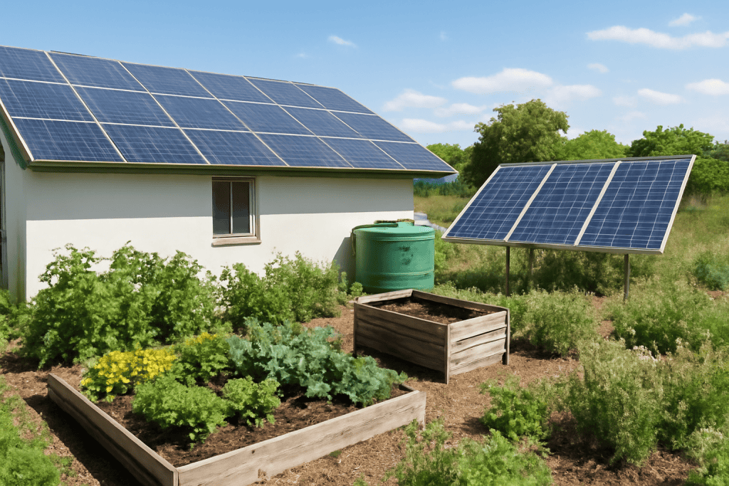 Solar panels installed on a house and garden with vegetable beds.
