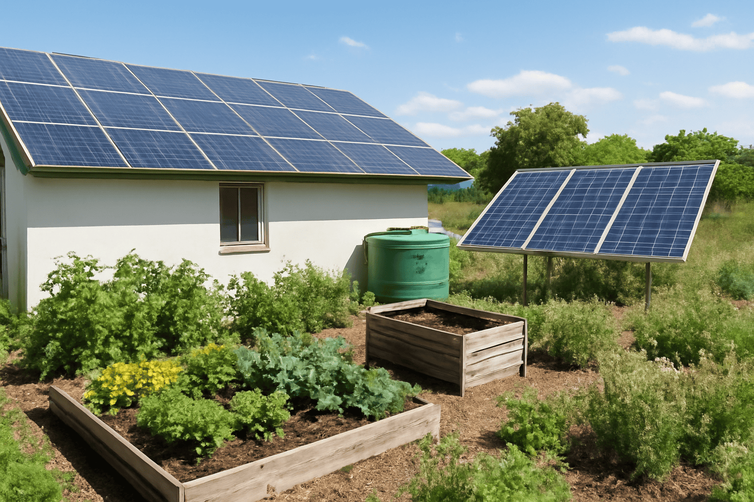 Solar panels installed on a house and garden with vegetable beds.
