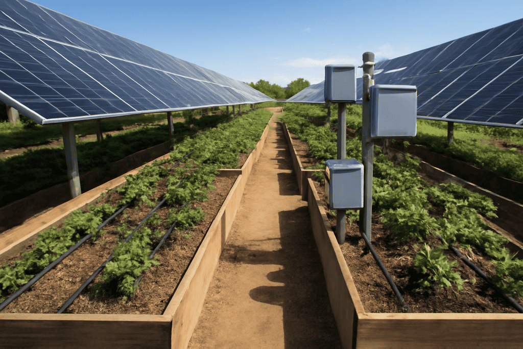 Large solar panel farm with rows of solar panels and irrigation system.