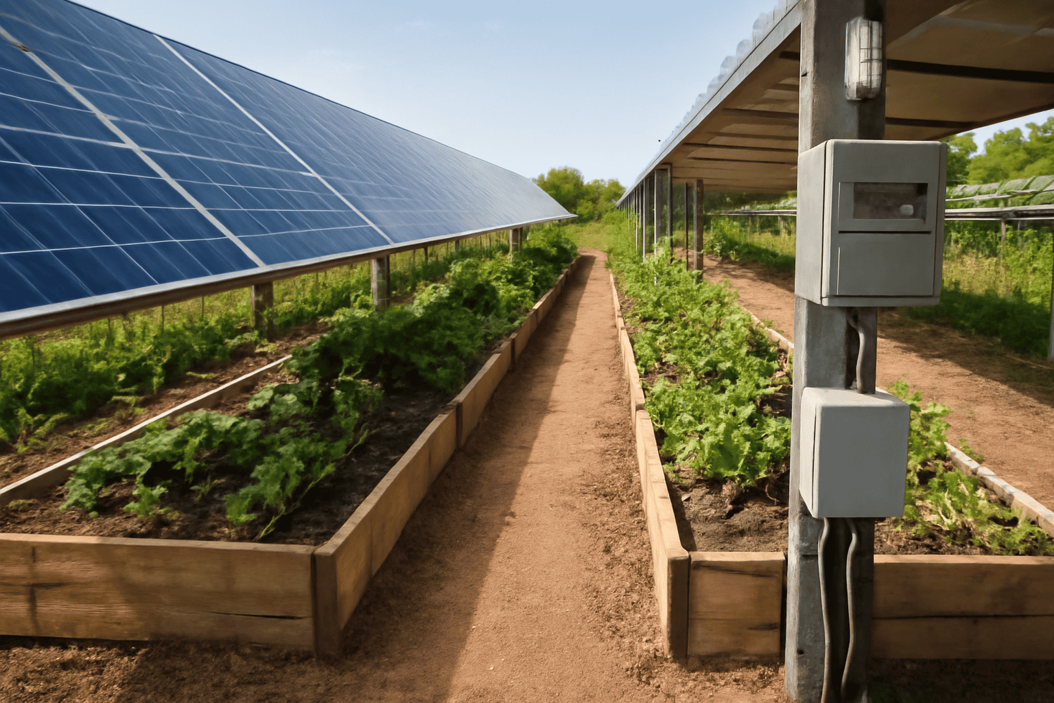 Een zonnepanelensysteem levert stroom aan een moestuin bij Solar Plus Garden.