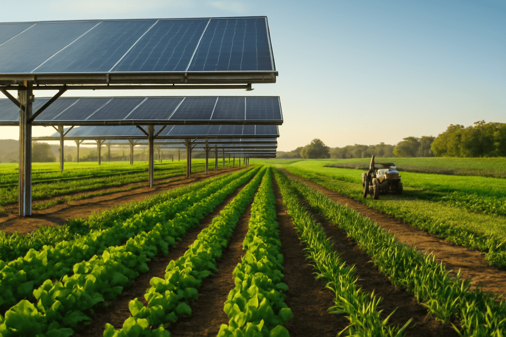 Solar panels over a farm with crops and a tractor in the field.