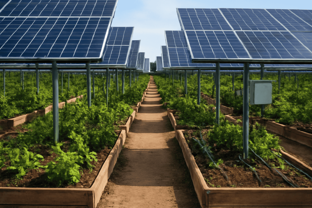 Zonnepanelen in een tuin met weelderige groene planten en een heldere blauwe hemel.
