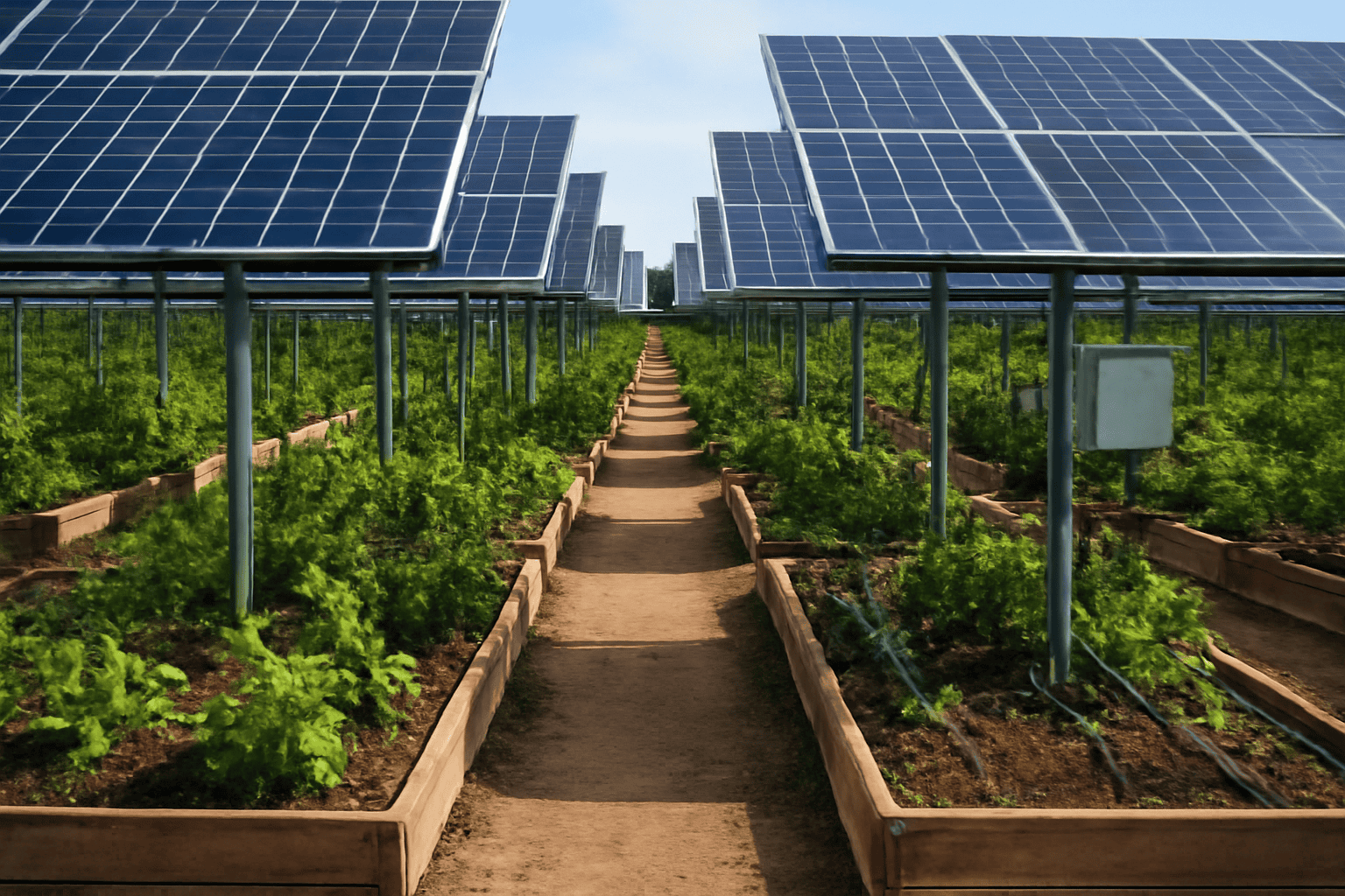 Des panneaux solaires dans un jardin luxuriant, sous un ciel d'un bleu limpide.