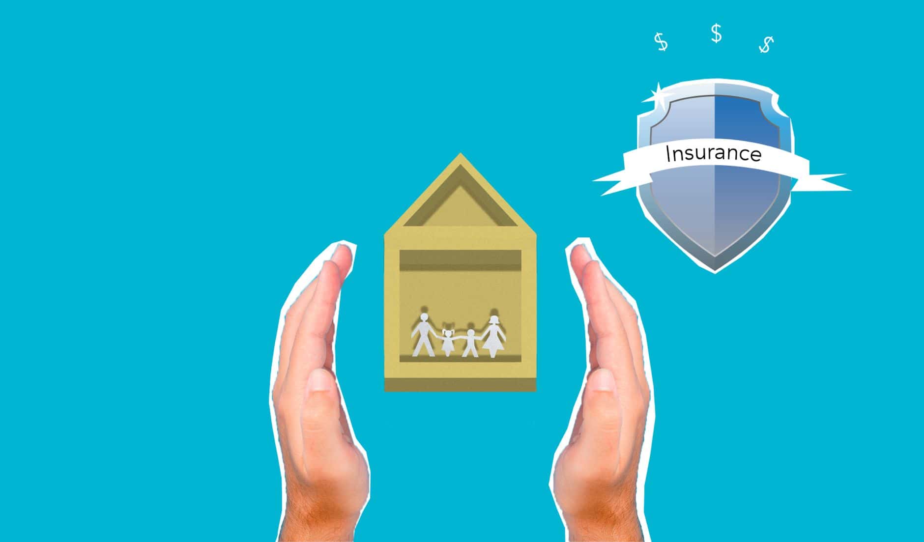 Decorative cardboard illustration of person hands protecting house with human figures near shield with Insurance inscrip
