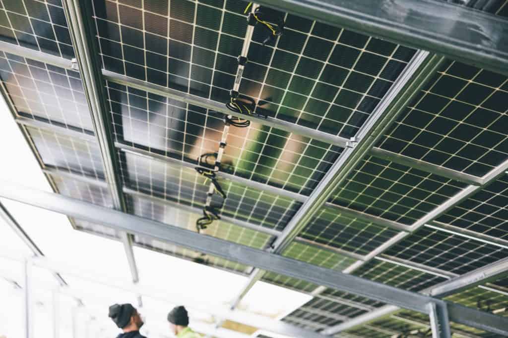 Solar panels installed on a greenhouse roof for sustainable energy generation.