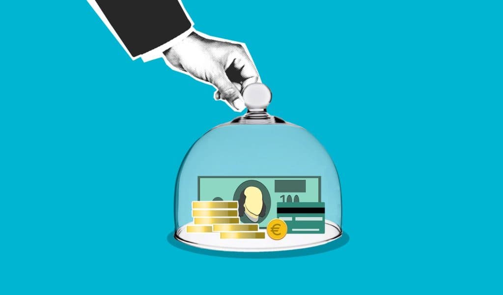 Decorative cardboard illustration of person hand putting transparent dome on dollar banknotes and coins on blue backgrou
