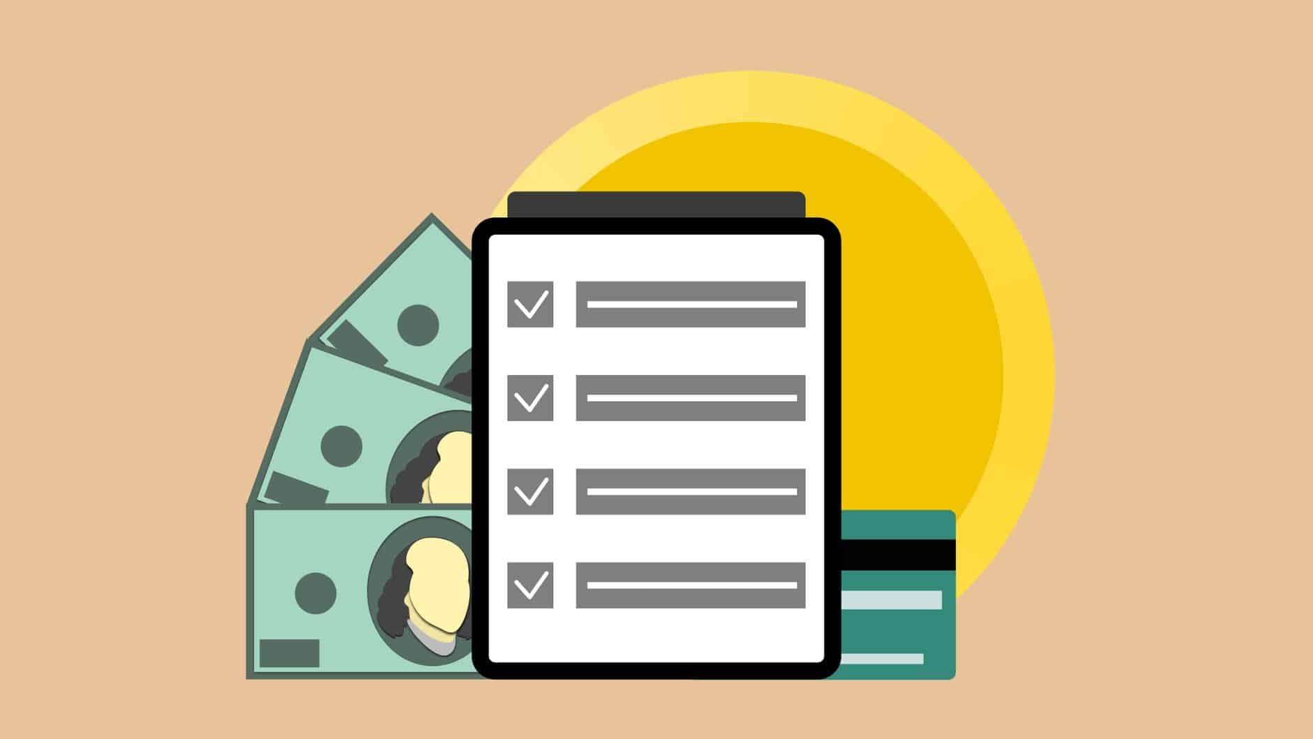 Vector illustration of modern tablet with check marks placed near dollar banknotes and credit card